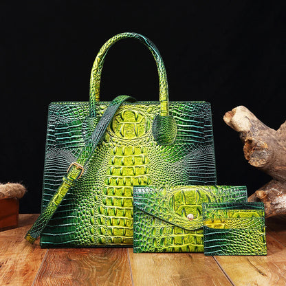 3 Pcs Crocodile Pattern Handbag & Purses Set, Multi-functional Vintage Top Handle Crossbody Bag & Business Clutch Bag & Card Coi