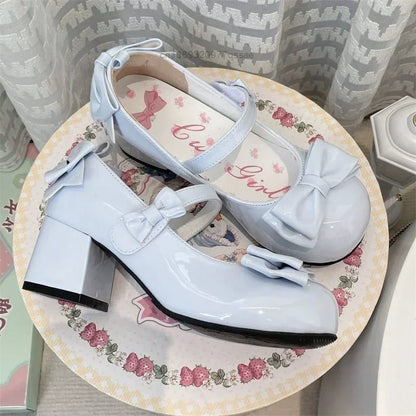 2024 Style Cute Round Head  Jane Pumps With Bow Women's Sweet Party Dress Midi Heels Shoes Fashion PU Sandals