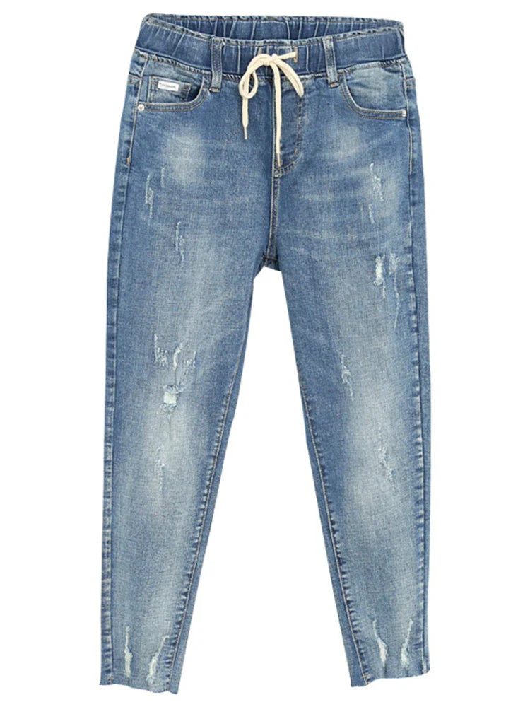 Women Baggy Elastic Waist Jeans Style Ripped Pants
