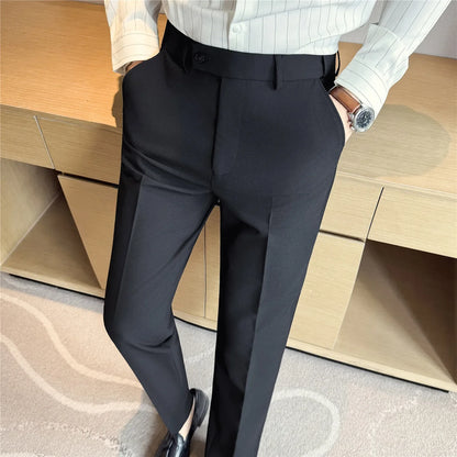 Autumn Winter High Quality Suit Pants Men Solid Color Elastic Waist Slim Fit Smart Casual Wrinkle Free Suit Trousers Mens Pant