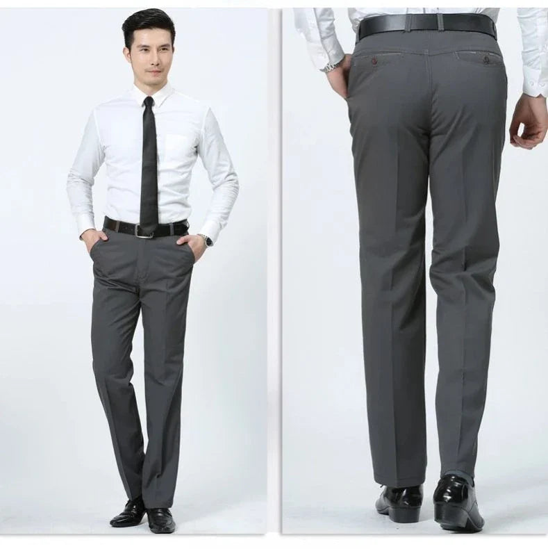 Summer Thin 100% Cotton Pants Mens Autumn Thick Suit Pant Slacks High Waist Straight Loose Bland Solid Business Casual Pants