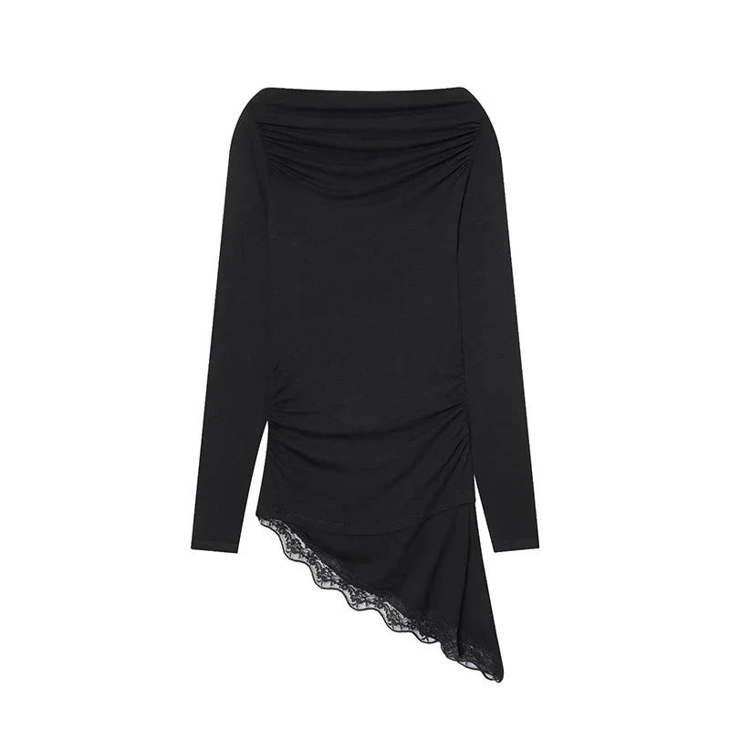 Women's T-Shirts Spring Autumn Fashion Lace Hem T Shirts for Women Asymmetry Streetwear Long Sleeve Slim Casual Tops