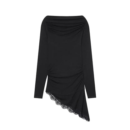 Women's T-Shirts Spring Autumn Fashion Lace Hem T Shirts for Women Asymmetry Streetwear Long Sleeve Slim Casual Tops
