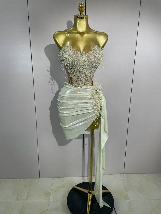 Luxury Shining Pearls Sexy Asymmetrical Skirt 2 PCS Set 2025 Women Evening Birthday Party Stage Dancer Performance Costume