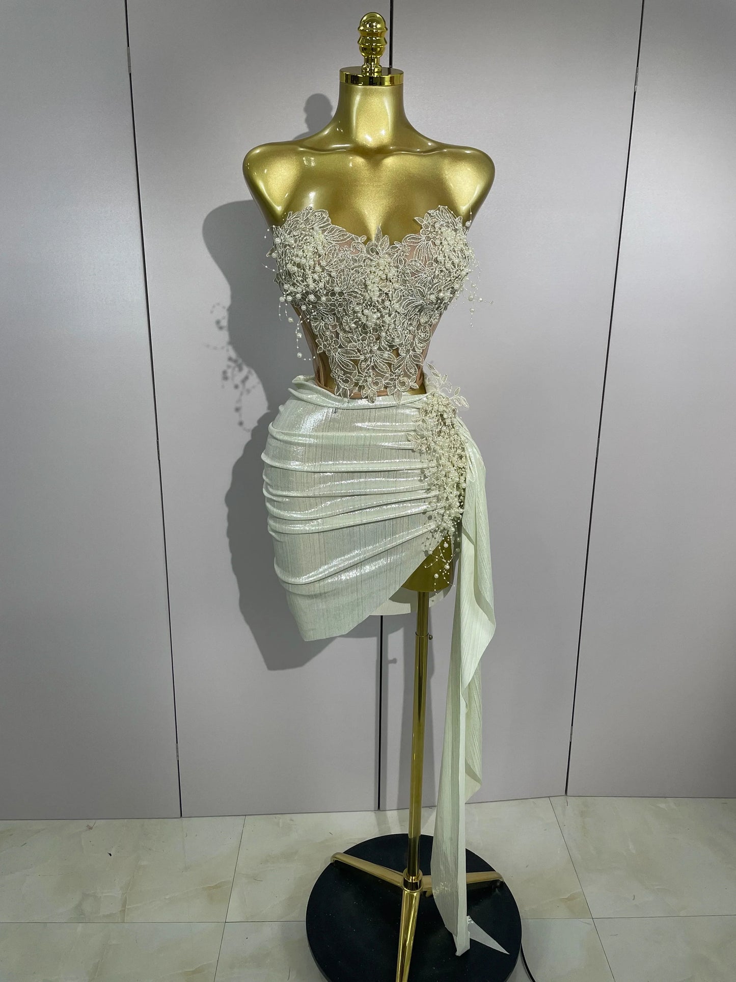 Luxury Shining Pearls Sexy Asymmetrical Skirt 2 PCS Set 2025 Women Evening Birthday Party Stage Dancer Performance Costume