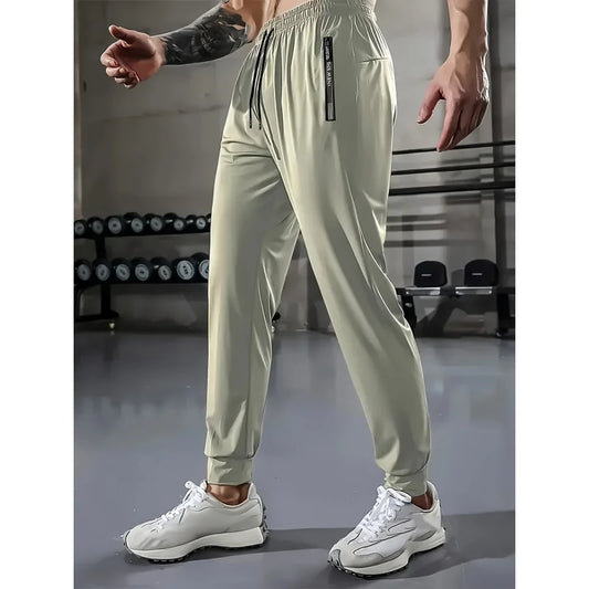 Summer Clothes Football Men's Ice Silk High Elastic Breathable Trousers With Drawstring Zipper Pockets Casual Sports Trousers