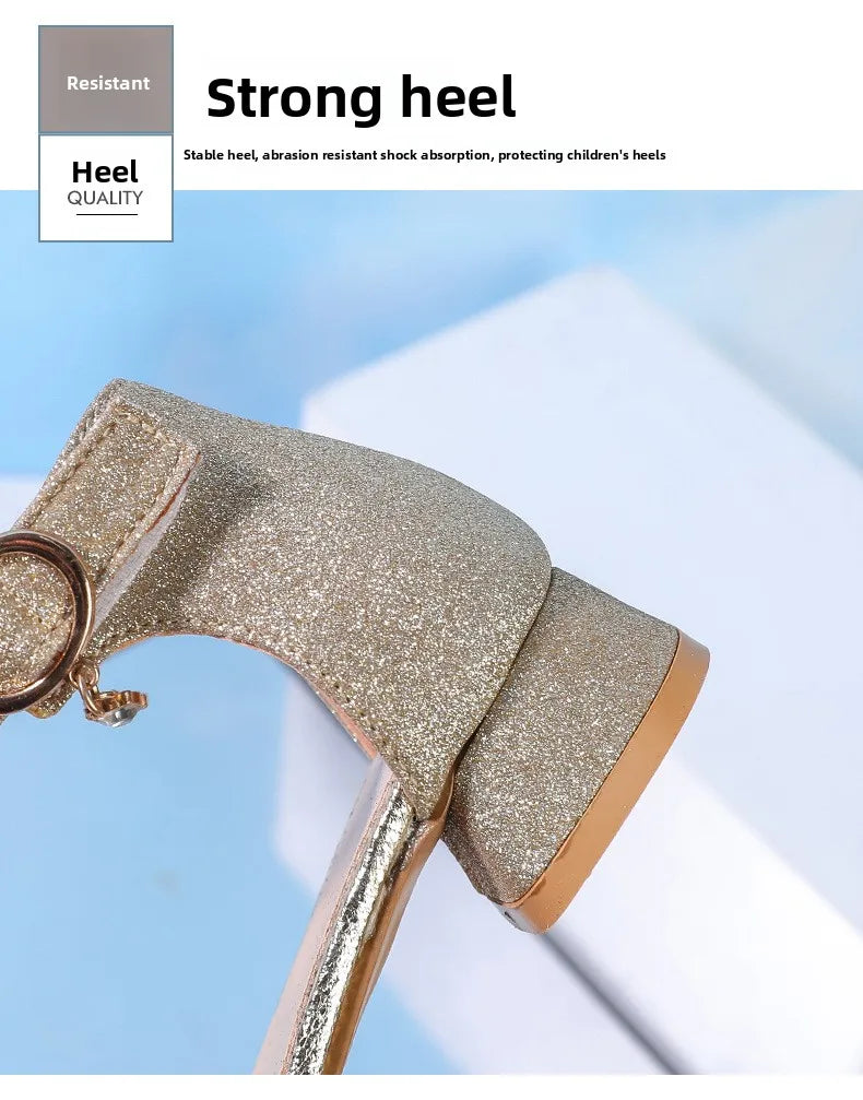 2025 Summer New Children's Sandals Fashion Girls' High Heels Silver Sequins Open Toed Girls' Princess Sandals