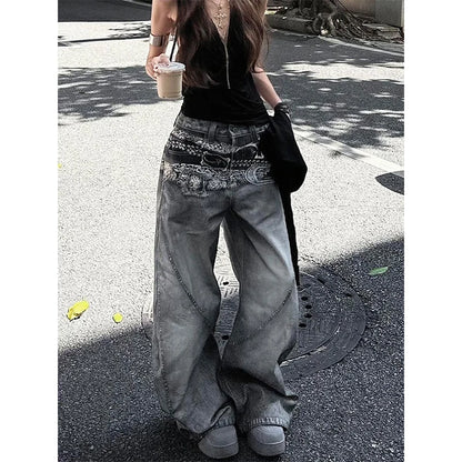 American Vintage Hip-hop High Waist Print Jeans Pants Women's Casual Baggy Y2K Wide Leg Grunge Streetwear Style Denim Trouser