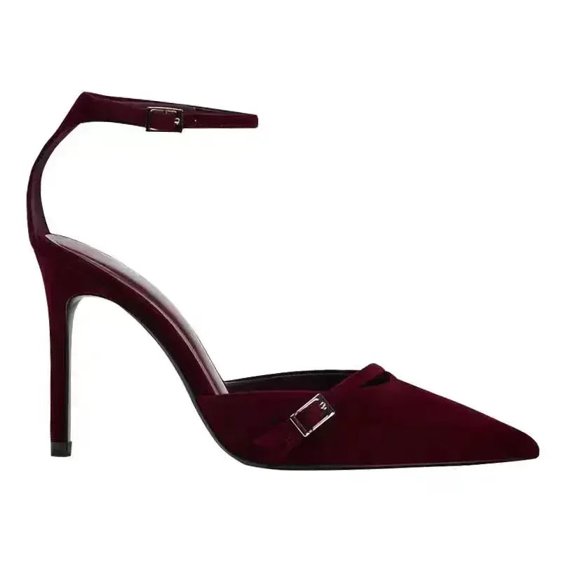 Elegant Burgundy Suede Ankle Strap High Heels Women Sexy Pointed Toe Buckle Strap Women Pumps Designer Party Shoes Heels Wedding