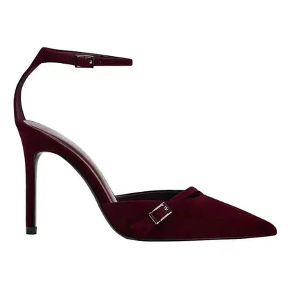 Elegant Burgundy Suede Ankle Strap High Heels Women Sexy Pointed Toe Buckle Strap Women Pumps Designer Party Shoes Heels Wedding