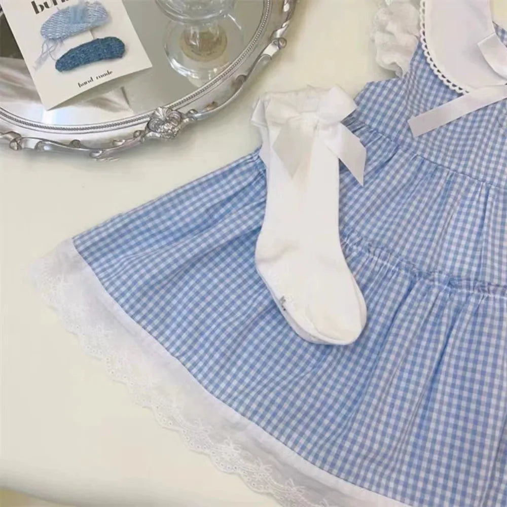 Korean Version Blue Checkered Printed Children's Clothing Sweet Girls Dresses Lace Patchwork Lapel Sleeveless Dress