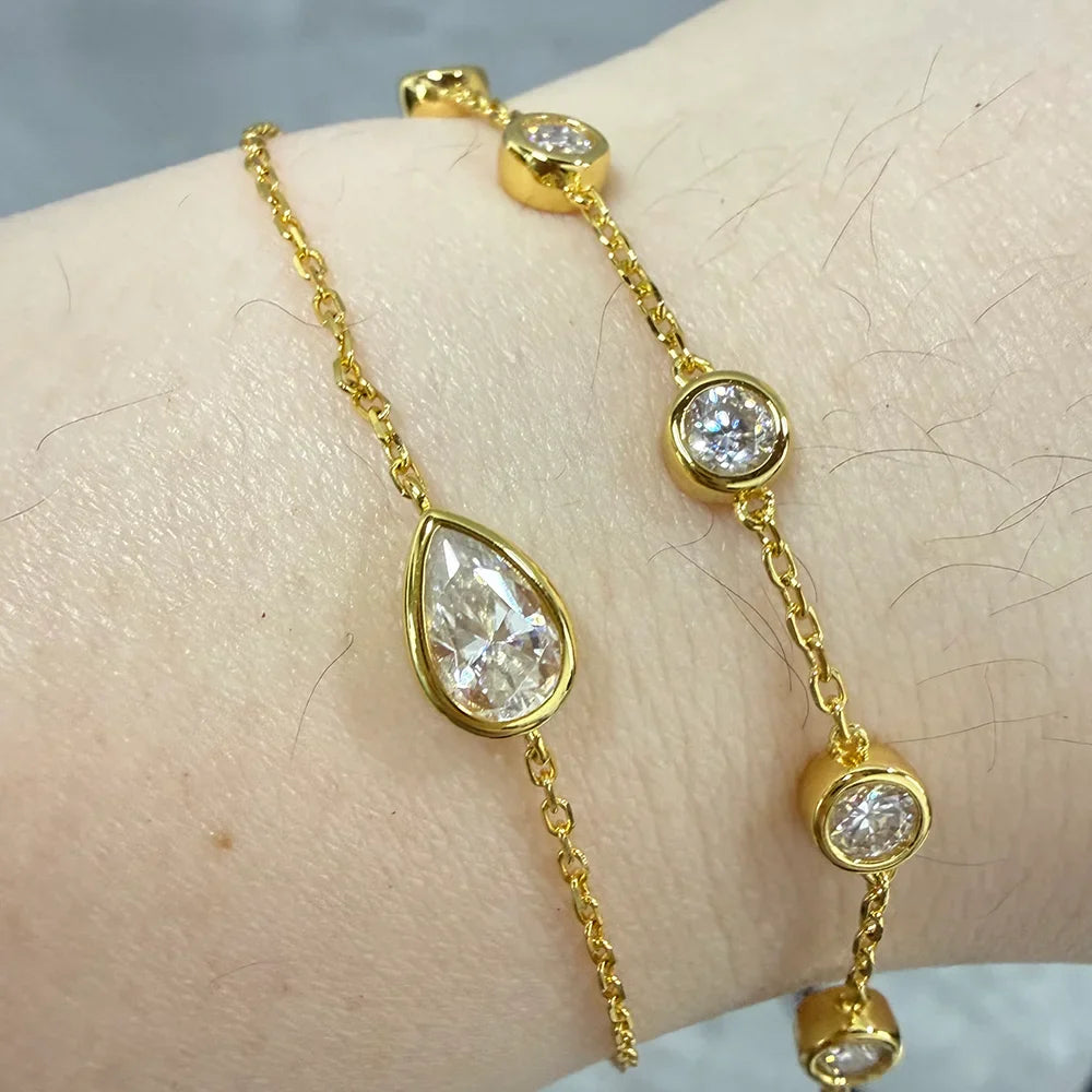 1CT Solitaire Diamond Oval/Water Drop Moissanite Bracelet for Women Men Minimalist Charm 925 Silver Wrist Chain Adjustable
