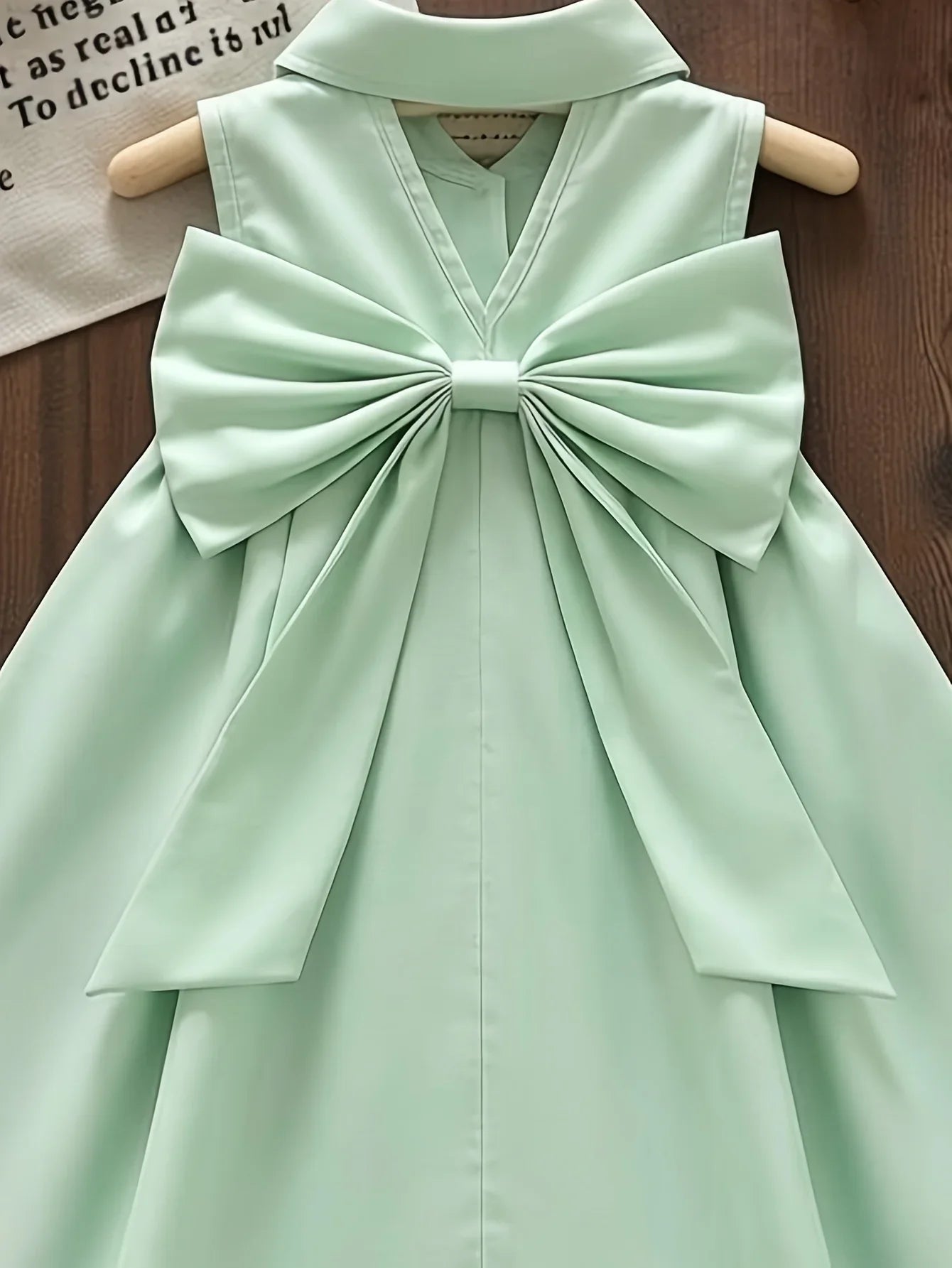 Girl's Summer Fresh Daily Casual Style Green Sleeveless Back Big Bow Flip Collar Half Open Dress Skirt Bow Decoration