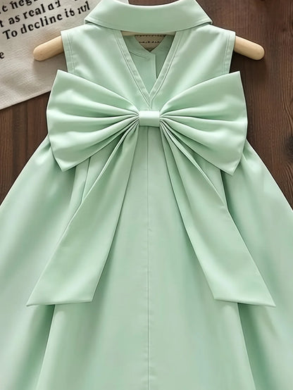 Girl's Summer Fresh Daily Casual Style Green Sleeveless Back Big Bow Flip Collar Half Open Dress Skirt Bow Decoration