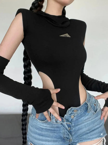 Fashion Solid Color Hooded Bodysuit One Piece Sexy Round Neck Sleeveless Lingerie Sexy Casual Slim Streetwear Festival Outfit