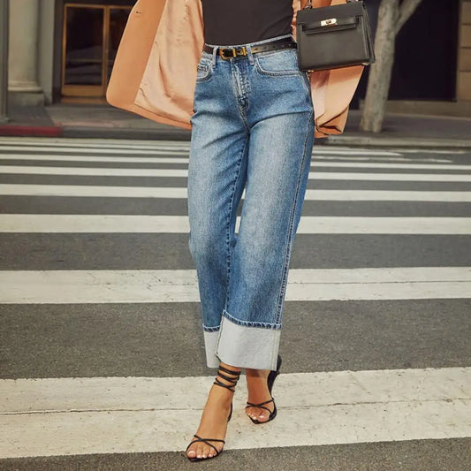 Women Baggy Jeans High Waisted Button up Denim Pants Elastic Cuffed Hem Straight Wide Leg Jeans with Pockets Streetwear