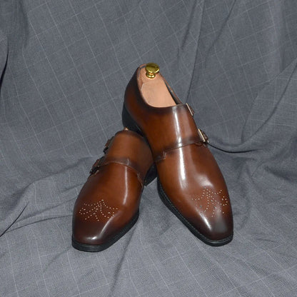 Italian Style Luxury Genuine Leather Monk Strap Men's Formal Shoes Double Buckles Brogue Pointy Toe Business Office Dress Shoes