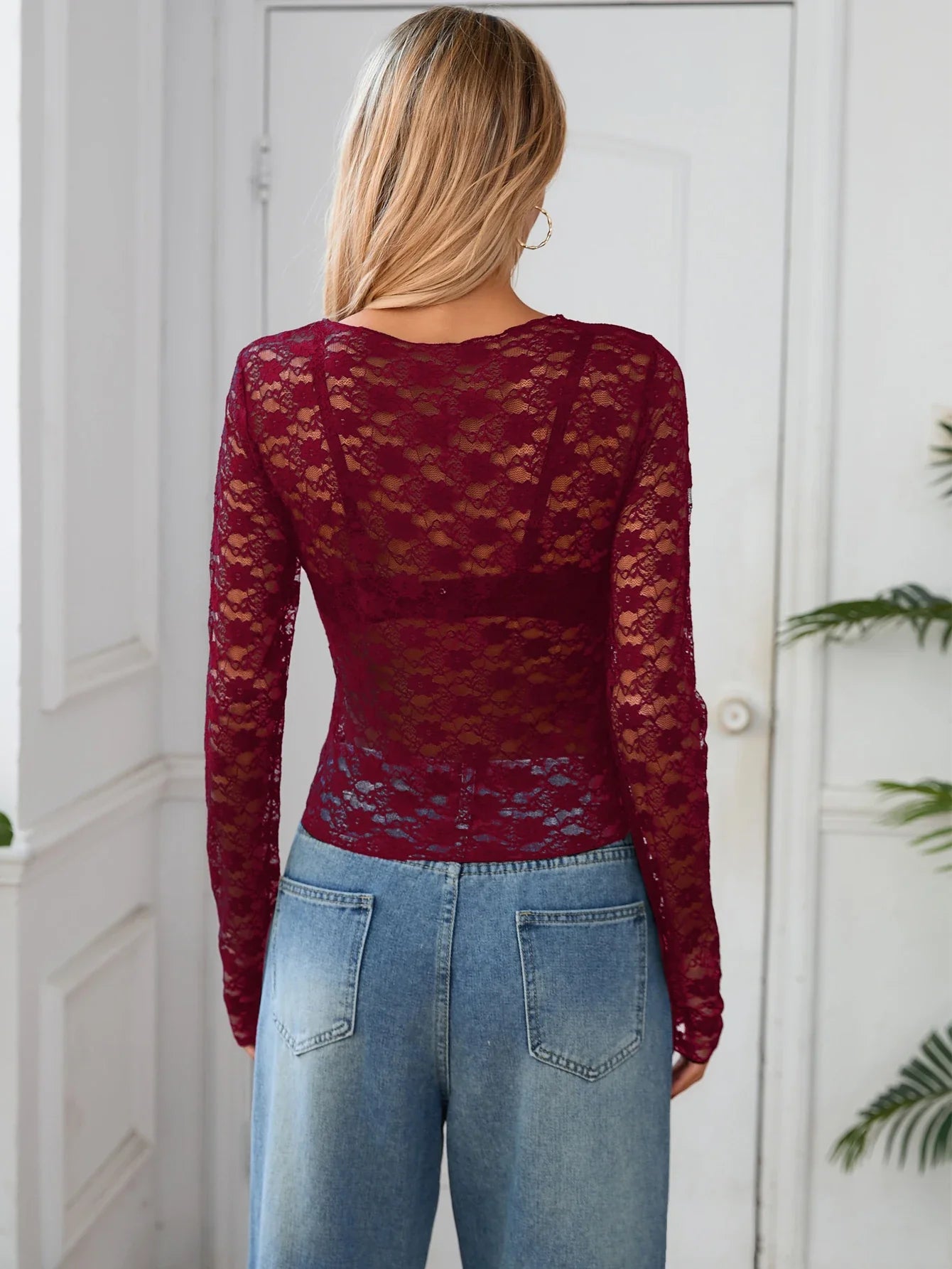 Long Sleeves See Through Lace Crop Top Solid Sexy Bodycon T-Shirt For Women Party Club Spring Summer Clothes