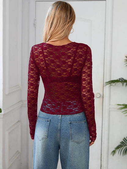 Long Sleeves See Through Lace Crop Top Solid Sexy Bodycon T-Shirt For Women Party Club Spring Summer Clothes