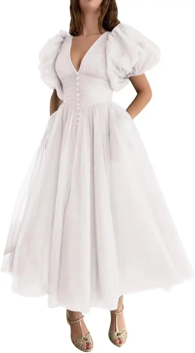 Puffy Sleeve Prom Dresses for Women Dotted Tulle V Neck Formal Evening Party Gowns Tea Length Formal Dress Women Elegant