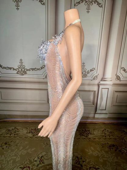 Silver Rhinestone Crystals Chains Transparent Long Dress Evening Birthday Celebrate Dress Sexy Performance plus size