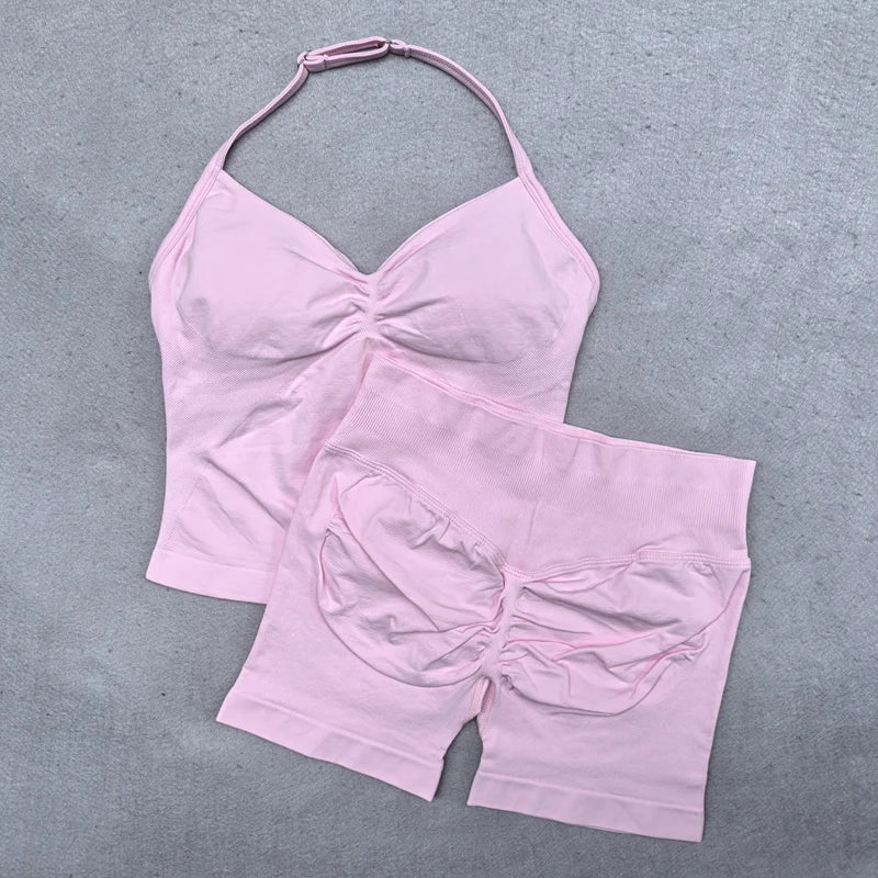 New Seamless Yoga Set Women 2Pcs Padded Halter Tank Top Scrunch Butt Lifting Gym Shorts Set Summer Sportswear Workout Clothes