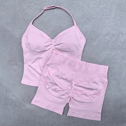New Seamless Yoga Set Women 2Pcs Padded Halter Tank Top Scrunch Butt Lifting Gym Shorts Set Summer Sportswear Workout Clothes