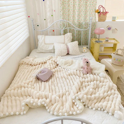 Solid Color Striped Fluffy Blanket Milk Velvet Soft Blanket with Cute Pompoms 3D Stereo Craft Travel Warm Bedding All Season
