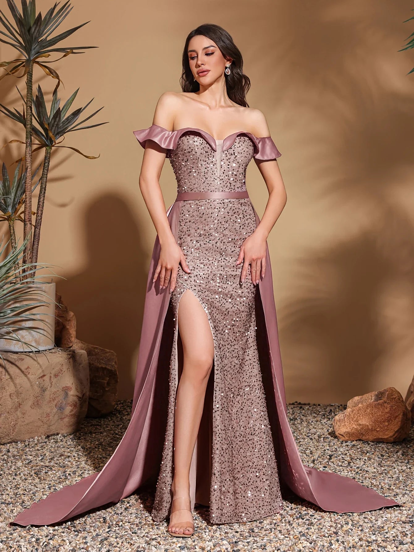 Sequined off-the-shoulder pleated collar satin floor-length dress
