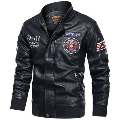 Men’s PU leather motorcycle jacket, color block pilot style, baseball collar, spring autumn, M–XXL
