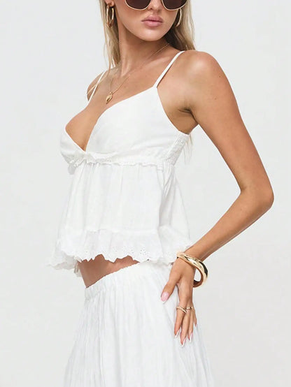 Women's Boho White Linen V-Neck Camisole Tank Top, Suitable for Music Festival Concert Hot Girl Young Girl Daily Wear