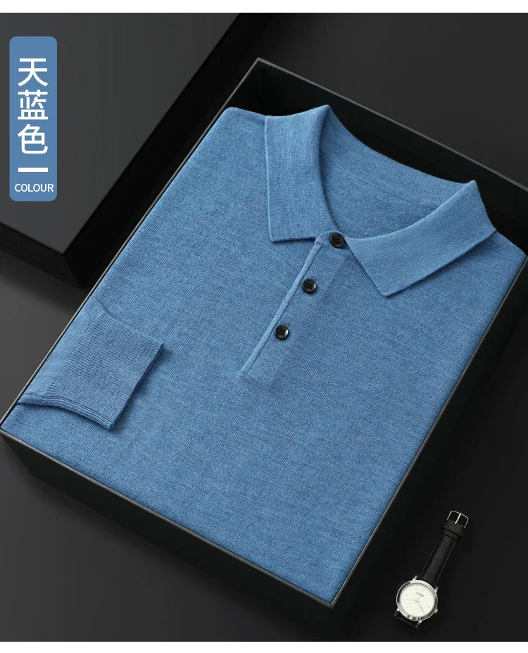 Spring Autumn Men Shirt  Merino Worsted Wool Knitted Pullover Long Sleeve Polo-Collar Clothing Tops Smart Casual Thin Outerwears