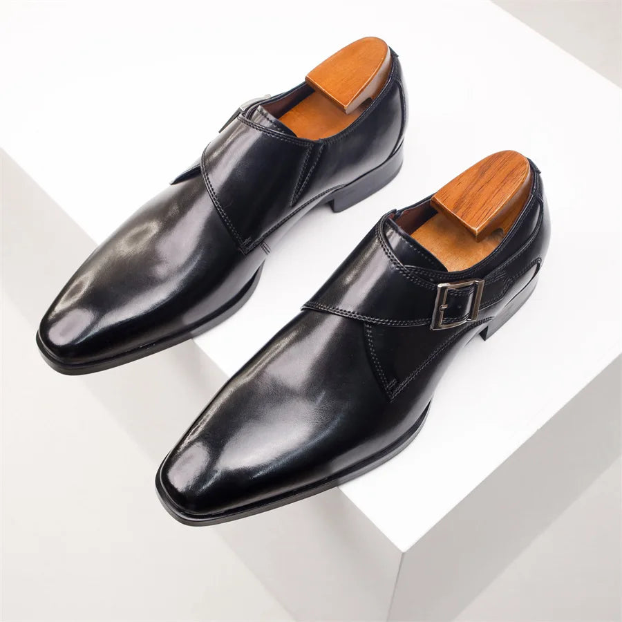 Men's Cow Leather Shoes Buckle Pointed Dress Shoes Men Classic Business Formal Social Office Party Wedding Shoes