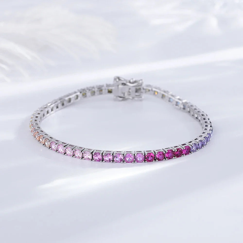 925 Silver Tennis Bracelet, 3mm Pave CZ, Dark Ruby/Rainbow/Blue/Green/Black, Eternity Design, Fine Jewelry for Women