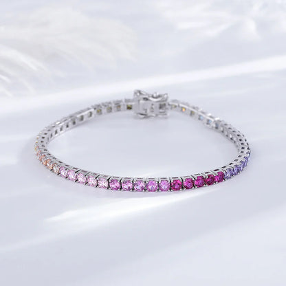 925 Silver Tennis Bracelet, 3mm Pave CZ, Dark Ruby/Rainbow/Blue/Green/Black, Eternity Design, Fine Jewelry for Women