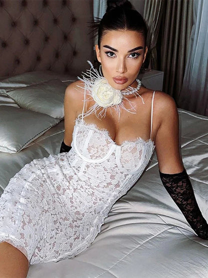 Summer Women Lace Strap Mini Dress Bodycon Sexy Streetwear Party Club Outfits