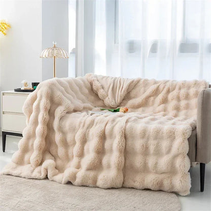 Cozy Rabbit Hair Bubble Velvet Blanket for Napping Soft Fuzzy Plush Bed Cover Sofa Throw Blanket All Season Warmth