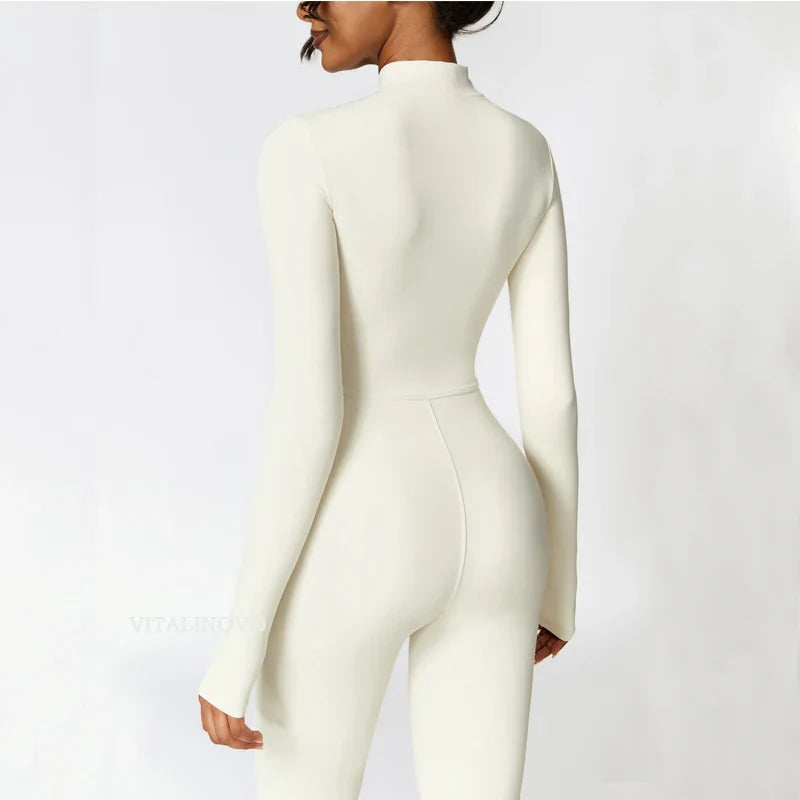 VITALINOVO Women Fleece Lined Workout Jumpsuits Long Sleeve Zip Up Yoga Romper Winter Warm Thermal One Piece Bodycon Bottom Pant