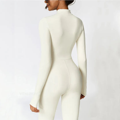 VITALINOVO Women Fleece Lined Workout Jumpsuits Long Sleeve Zip Up Yoga Romper Winter Warm Thermal One Piece Bodycon Bottom Pant