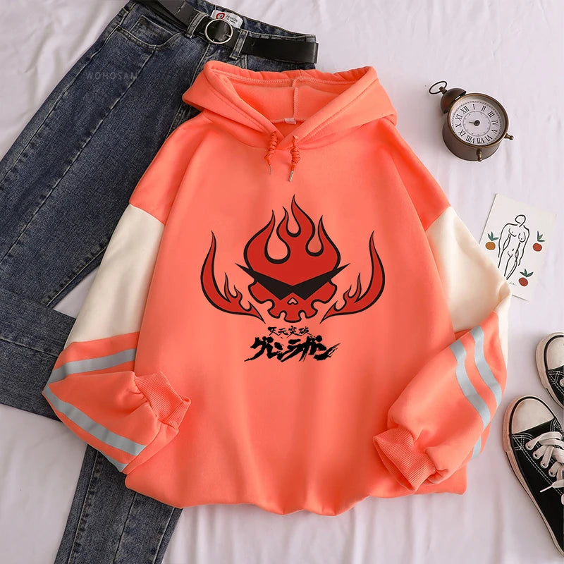 Anime Tengen Toppa Gurren Lagann Letter Hoodies Harajuku Flaming Skull Red Graphic Autumn Winter Warm Patchwork Sweatshirts