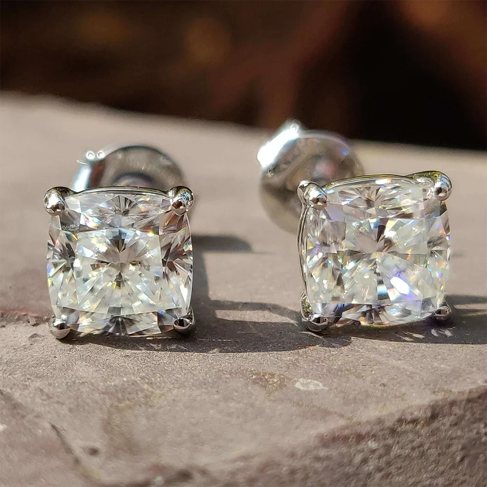 Certified Cushion Cut Moissanite Diamond Stud Earrings 0.5/1ct 925 Sterling Silver Plated 18k Gold Earring for Women Men