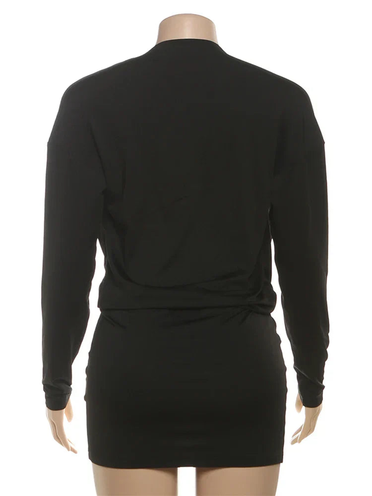 Cross Deep V-Neck Dress Women Full Sleeve Stretch Solid Midnight Street Clubwear Party Autumn Trend Elegant Mini Bodycon