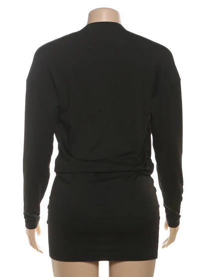 Cross Deep V-Neck Dress Women Full Sleeve Stretch Solid Midnight Street Clubwear Party Autumn Trend Elegant Mini Bodycon