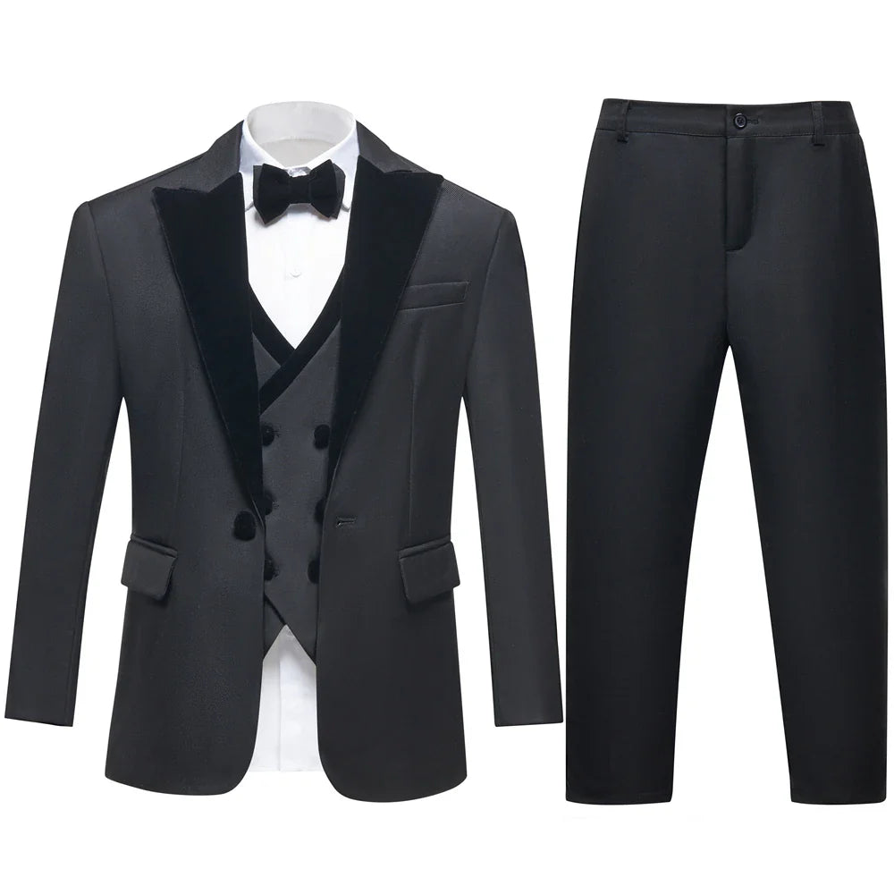 2025 Hotest Boys Formal Suit Set with Velvet Collar - One Button Blazer Vest Pants Bowtie - 3-14 Years Kids Graduation Tuxedo