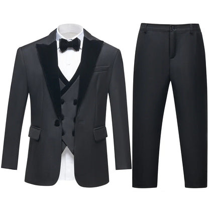 2025 Hotest Boys Formal Suit Set with Velvet Collar - One Button Blazer Vest Pants Bowtie - 3-14 Years Kids Graduation Tuxedo