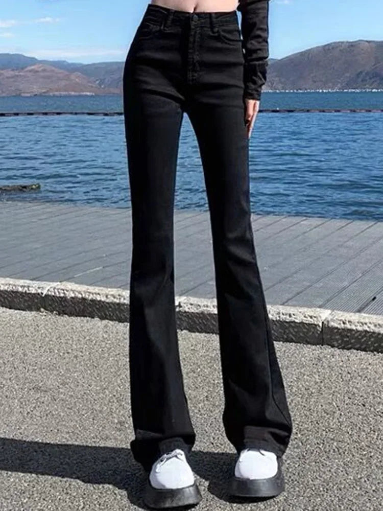 High Waist Elastic Boot Cut Pants Denim Bell Bottom Trousers