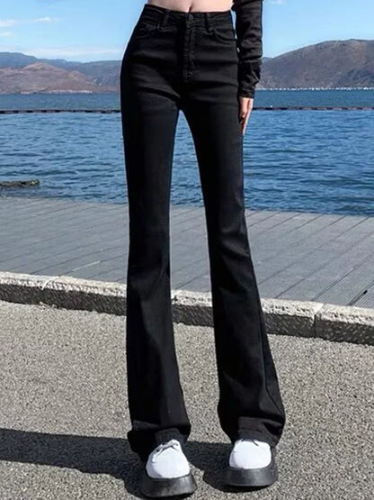 High Waist Elastic Boot Cut Pants Denim Bell Bottom Trousers