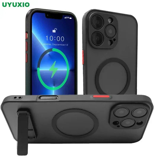 Magnetic Phone Case with Metal Kickstand for iPhone 17 16 Pro Max 15 14 Plus 13 12 Mini Stand Cases Cover with Holder