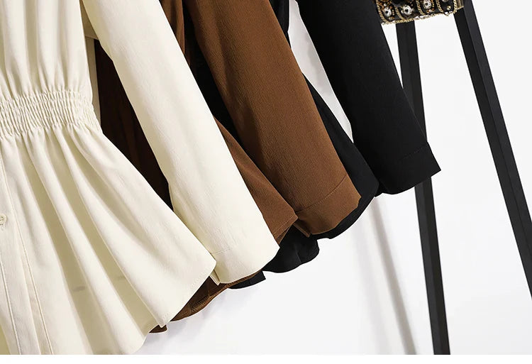2026 Women's Plus Size Blouse Korean Style Spring Autumn Loose Elegant Casual Mid-length Tops Long Sleeved Waist Cinching Shirts