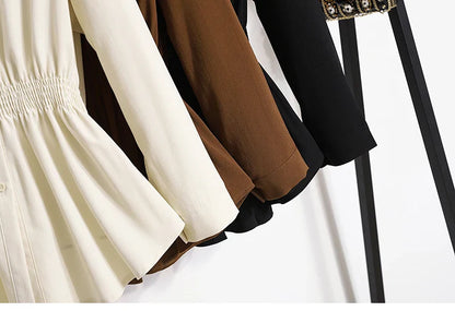 2026 Women's Plus Size Blouse Korean Style Spring Autumn Loose Elegant Casual Mid-length Tops Long Sleeved Waist Cinching Shirts